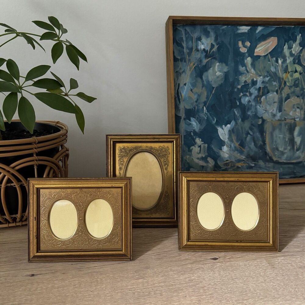Carr Frames VTG Set of 3 Small Gold Painted Wooden Frames w/Embossed Metal Mats